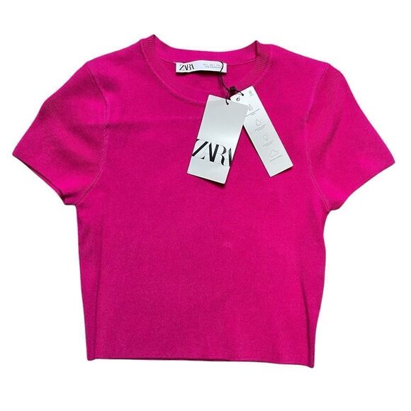 NWT ZARA Knit Cropped Top Pink Size Large - Picture 2 of 6